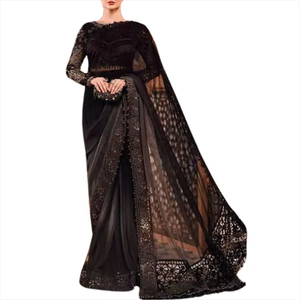 Sari long en polyester brodé pour mariages, fêtes et événements culturels – Doux, infroissable, style pakistanais, anti-humidité - Product Image 1