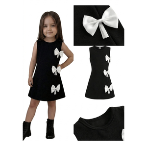 Robe de soirée monochrome pour filles avec nœud décoratif, petite robe trapèze sans manches en satin noir avec nœud - Product Image 6