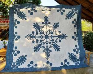 Blue Cotton Hawaiian Applique Bedspread With Echo Quilting Custom Island Bedding For <b>Queen</b> California King Tropical Home Decor - Product Image 2