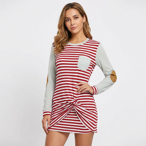 Vestido de punto de manga larga a rayas para mujer, con bolsillo y detalle de nudo, cuello redondo, ajuste holgado informal, de algodón y fibra de bambú - Product Image 3