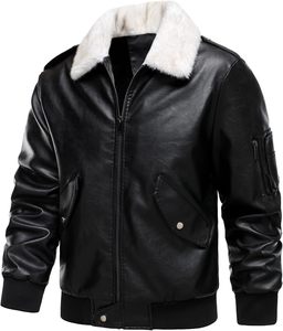 Chaqueta Bomber de Cuero PU Negra para Hombre con Cuello de Piel Sintética, Cierre de Cremallera Frontal, Estilo Motero, Cálida para Invierno, Corte Regular - Product Image 1