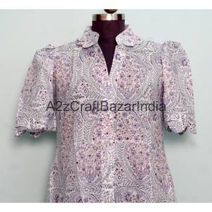 Vestido Midi de Algodón 100% Tejido a Mano en India, con Estampado Floral, Cuello en V, Mangas Cortas y Decoración de Botones, Nuevo Diseño Hermoso - Product Image 2