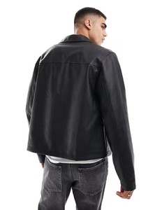 Veste moto en cuir véritable pour homme, marron, matelassée, fermeture éclair aux épaules, col rabattu, coupe classique, style automne - Product Image 6