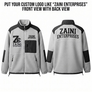 Premium Thin 240gsm Sherpa Fleece Stand <b>Jacket</b> <b>Grey</b> Green Contrast Panels Full Zip Custom Embroidered Applique Logo Autumn - Product Image 1