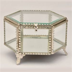Unique Glass Jewelry <b>Box</b> With Metal Frame And Chain Lid For Necklace Ring Storage <b>Vanity</b> Desk Use - Product Image 5