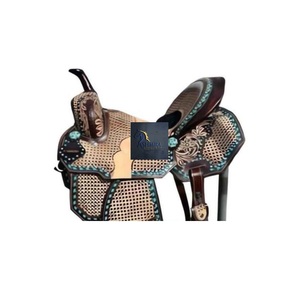 Silla de montar Western de cuero color canela con diseño floral y de ondas grabado a mano, para carreras de barriles, con conchos de cristal y asiento suave negro, 10"-18" - Product Image 2