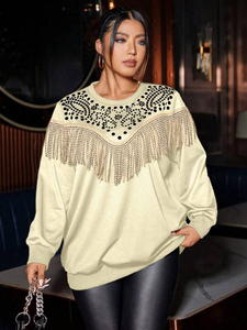Beige <b>Fringe</b> Oversized Winter Women's 100% Cotton Long Sleeve Rhinestone Yoke Pullover Western Style Beaded Streetwear Fashion - Product Image 3
