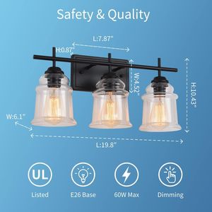 Lampada da Interno Industriale Unica Fatta a Mano con 3 Luci, Paralume in Vetro Trasparente Satinato, Attacco E26, Senza Lampadina, per Illuminazione Bagno e Specchio - Product Image 3
