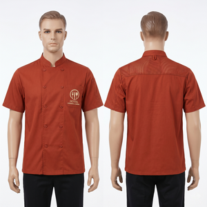 Veste de chef pour homme en sergé de polycoton 200 GSM, rouge rouille, avec empiècement en maille au dos, manches courtes, logo personnalisé imprimé par sérigraphie - Product Image 1