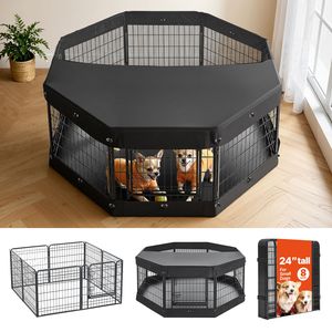 Parc pour chien pliable en métal robuste de 24 pouces à 8 panneaux avec couvercle supérieur et tapis de sol, utilisable en intérieur - Product Image 1