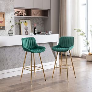 2-Piece 30-Inch Simple High Bar Stool Set <b>Green</b> <b>Velvet</b> <b>Fabric</b> with Chrome Footrest and Golden Leg Counter Size - Product Image 1