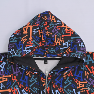 Sweat à capuche streetwear multi-couleurs imprimé sur toute la surface, coupe oversize pour homme, fermeture éclair intégrale, en molleton de coton épais avec motif graphique LA - Product Image 3
