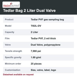 ถุงเก็บตัวอย่างก๊าซ TECHINSTRO Tedlar ขนาด 2 ลิตร ฟิล์ม PVF วาล์วคู่ ป้องกันการรั่วซึม สำหรับการเก็บตัวอย่างก๊าซ VOC ในปล่องปล่อยไอเสีย และการเก็บตัวอย่างก๊าซในดิน - Product Image 6
