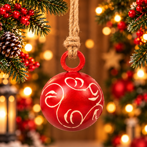 Spherical Metal <b>Christmas</b> Ornament with Ivory Swirl <b>Artwork</b> Textured Gloss Finish and Rustic Jute Rope Hanger - Product Image 1