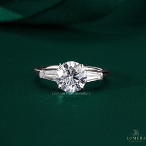 Lab Grown Round Diamond Anniversary <b>Ring</b>, Side Tapered Baguette Three Stone <b>Ring</b>, Solid Gold Band <b>Secure</b> in Four Prong Set <b>Ring</b> - Product Image 2