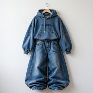 <b>Womens</b> Oversized Denim Hoodie and <b>Baggy</b> <b>Jeans</b> Set Custom Washed Blue Streetwear Two Piece Tracksuit Wholesale Clothing - Product Image 5