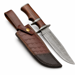Cuchillo Bowie de Acero de Damasco con Punta Curva, Hecho a Mano, de Grado Industrial, Modelo FS-07 de Edge Master Manufacture, con Mango de Madera y Funda de Cuero - Product Image 1