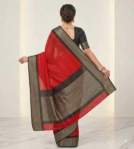 Sari de seda crepé rojo Mysore con borde de zari negro, traje tradicional indio para bodas, para mujer, modelo 52838 - Product Image 4