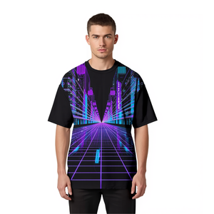 Camiseta Sublimada con Diseño Urbano de Rejilla de Ciudad Neón para Hombre, Ropa Urbana de Gran Tamaño - Product Image 2