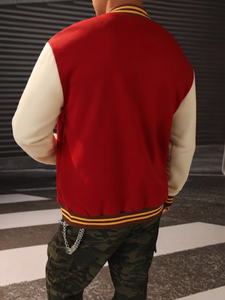 Blouson universitaire unisexe rouge avec bandes jaunes sur les manches, col en V, simple boutonnage, réversible, coupe-vent, pour l'hiver décontracté - Product Image 2