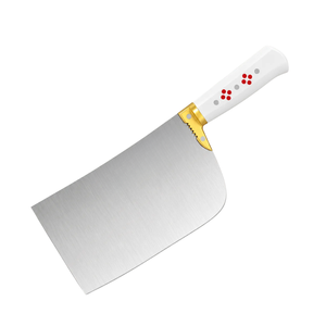 Couteau de boucher en acier inoxydable argenté, manche blanc, design à points rouges, bolster doré, lame large, pour hacher la viande en cuisine - Product Image 1
