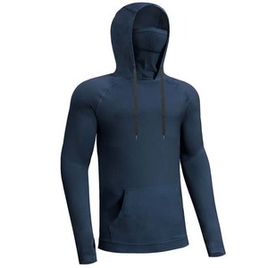 Navy <b>Blue</b> <b>Long</b> <b>Sleeve</b> Hooded Pullover Solid Color Fishing Wear <b>Top</b> Men's UPF 50 Quick Dry 100% Cotton Unisex - Product Image 5