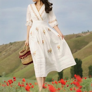 <b>White</b> Embroidered Cotton Midi Dress Flattering V-neckline and puffed Mid-Length Sleeves Floral Embroidery Long Dress - Product Image 5