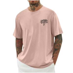 เสื้อยืดคอกลมแขนสั้นสีชมพูสำหรับผู้ชาย พิมพ์ลายต้นปาล์ม ทรงปกติ เสื้อเชิ้ตผ้าฝ้ายเจอร์ซีย์ระบายอากาศได้ดี น้ำหนัก 300 กรัม - Product Image 6