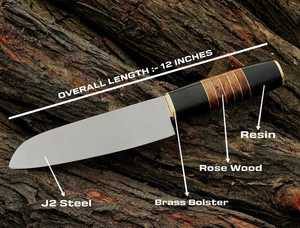 Couteau de chef 100% artisanal en acier D2 de haute qualité, manche en résine et bois de rose avec embout en laiton, avec étui en cuir - Product Image 5