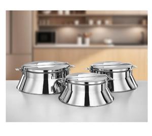 Olla redonda de acero inoxidable plateada, elegante y popular, con tapa, para servir comida caliente, ideal para bodas, fiestas y decoración del hogar. - Product Image 3