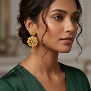 Pendientes Colgantes Divyoro con Forma de Flor, Chapados en Oro de 22k, con Piedra de Corte Esmeralda, Joyería Clásica para Mujer, para Bodas y Aniversarios - Product Image 3