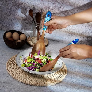 Home Kitchen Wood Salad Server Spoon With Enamel Printed Crafts <b>Dining</b> Tabletop Decor Wood Cooking Spoon - Product Image 5