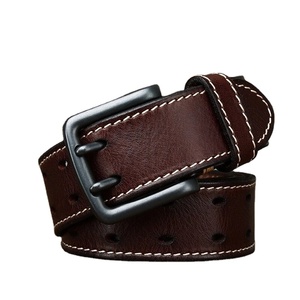 เข็มขัดหนังแท้ผู้ชายพร้อมโลหะง่ามสองง่ามสำหรับหัวเข็มขัดสายคาดเอวสีดำสีน้ำตาลสุดชิคแบบย้อนยุค - Product Image 4