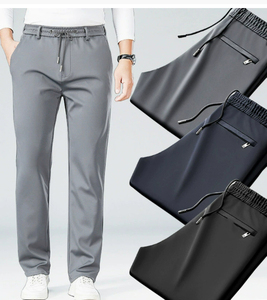 Pantalon décontracté pour homme avec taille élastique et cordon de serrage, poches latérales, tissu tricoté respirant de poids moyen, pour l'automne, gris, marine, noir - Product Image 1