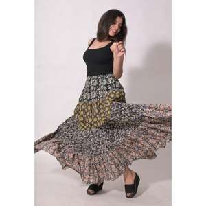 Falda Larga Lavinas 100% Algodón con Estampado de Bloques y Patchwork, Estilo Bohemio, Hecha a Mano, Maxi, Étnica, Floral, Veraniega, Ecológica, Informal para Mujer - Product Image 4