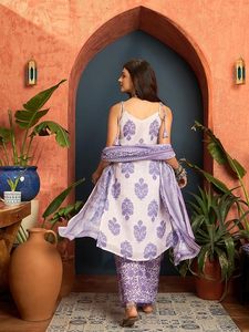 Conjunto de Kurta y Palazzo de Lino Suelto con Encaje Estampado para Mujer, con Dupatta, Cuello en V, Sin Mangas, Largo hasta la Rodilla, Estilo Étnico de Verano para Oficina - Product Image 3