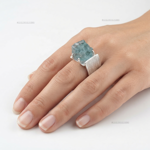 Geometric Cocktail <b>Ring</b> Natural <b>Aquamarine</b> Raw <b>Stone</b> 925 Silver Bezel Setting Minimalist Design High-grade Customizable Unisex - Product Image 3