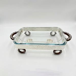 Recipiente para calentar comida de plata martillada con ruedas decorativas de madera y quemadores de velas, rectangular, para buffet, bodas y catering - Product Image 6