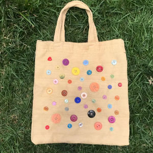 Bolsa de Mano de Lona de Algodón Color Bronceado con Botones Multicolor y Bordado, Bolso de Compras Reutilizable, Bolsa de Hombro para Compras, para Uso en Exteriores - Product Image 1