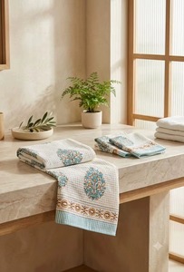 Absorbent Cotton <b>Waffle</b> Towel Set 2 Hand 1 Bath Towels Embroidered Leaf Print Eco Friendly Home Decor - Product Image 1