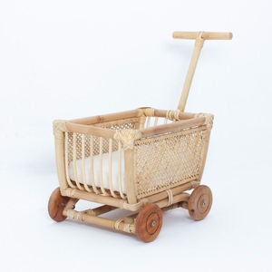 Outstanding Handwoven Natural Wicker Baby <b>Doll</b> Wagon Rattan Toy Wooden Wheels Push Walker Cushion Nursery Decor Pretend <b>Play</b> - Product Image 1