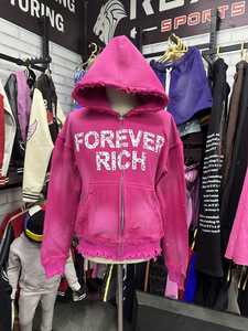 Sudadera con capucha con cremallera Forever Rich, oversize, rosa, de algodón desgastado, felpa francesa, estilo hip hop, ropa urbana unisex para otoño - Product Image 1