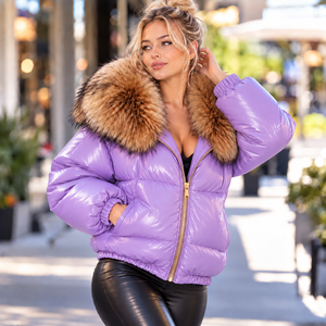 Women’s <b>Leather</b> Puffer Jacket <b>with</b> Fox <b>Fur</b> Collar, Genuine <b>Leather</b> Winter <b>Coat</b>, Luxury Padded Jacket, Oversized Fox <b>Fur</b> Collar - Product Image 1