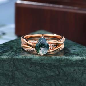 Anillo de Compromiso de Ágata Musgosa con Oro Rosa y Moissanita, Anillo de Boda, Joyería Nupcial Única - Product Image 1