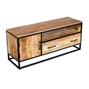 Console multimédia en bois de manguier massif au design industriel avec porte coulissante - Meuble TV moderne pour le rangement du salon d'appartement et de villa - Product Image 3