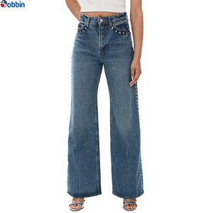 Fabricante de Jeans Casuales de Cintura Alta para Mujer, Estilo Vintage, Corte Recto, Holgados, OEM, con Lavado Ácido y Adornos de Cristales - Product Image 4
