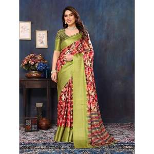 ATRACTIVA BANARASI SEDA ESTAMPADO DIGITAL Y TRABAJO JACQUARD SAREE CON BLUSA DESCOSADA LORO VERDE - Product Image 1