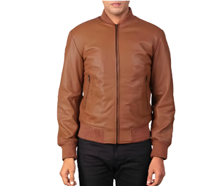 Chaqueta Bomber Marrón de Gamuza para Hombre, Cierre de Cremallera, Cuello Varsity, Puños de Punto Acanalado, Forro de Poliéster, Prenda Exterior Elegante - Product Image 1