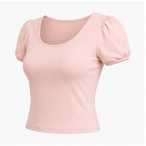 Camiseta Corta Ajustada de Manga Corta con Cuello Redondo y Color Rosa Pálido para Mujer WTS-0085 - Product Image 4