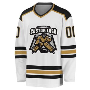 Premium Quality Custom Ice Hockey Jersey Men's Long Sleeve V-Neck White Black Gold Stripes Moisture Wicking Sublimated Team - Product Image 1